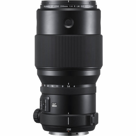 GF 250mm f/4 lens top view, focus scale and textured grip near the mount
