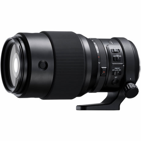 Black GF 250mm f/4 mirrorless lens, front glass and ribbed focusing ring