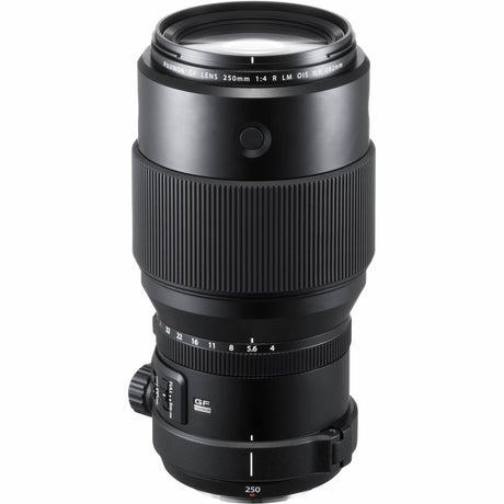 GF 250mm f/4 lens front view with engraved focal markings and ribbed texture