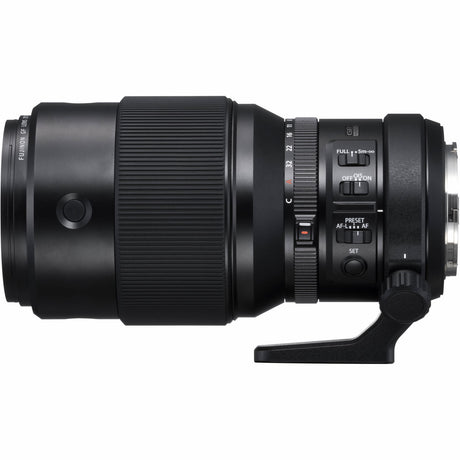 GF 250mm f/4 lens side view, AF preset and control switches on barrel