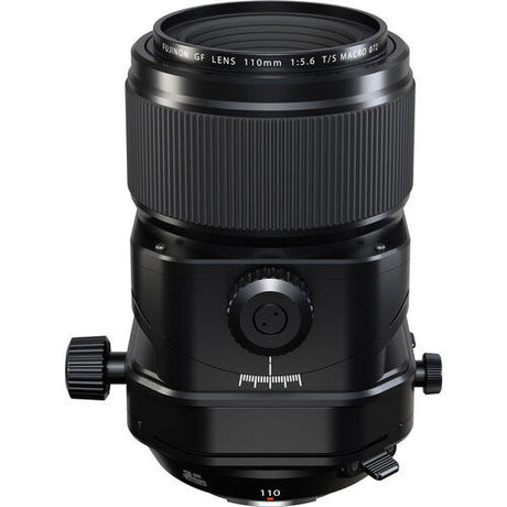 Front view of 110mm tilt/shift lens with ribbed barrel and central control dial