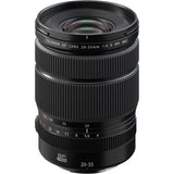 Fujifilm GF 20-35mm f/4 R WR lens, front view with textured focus ring markings