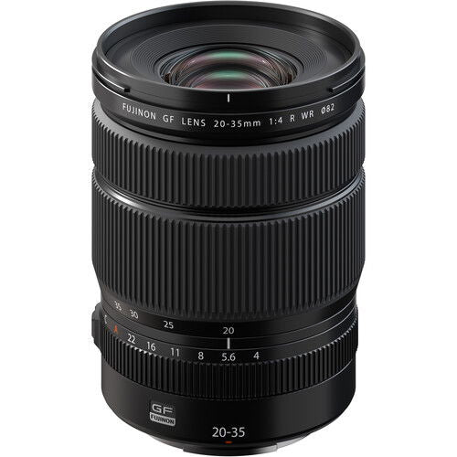 Fujifilm GF 20-35mm f/4 R WR lens, front view with textured focus ring markings