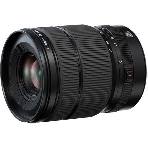 Fujifilm GF 20-35mm f/4 R WR lens, 3/4 view with front element and ridged zoom ring