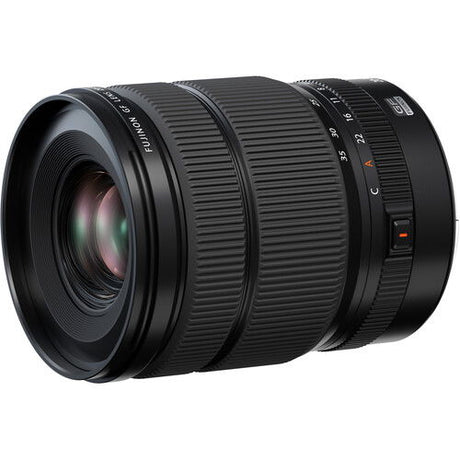 Fujifilm GF 20-35mm f/4 R WR lens, 3/4 view with front element and ridged zoom ring