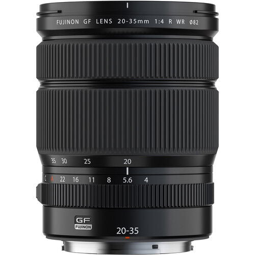 Fujifilm GF 20-35mm f/4 R WR lens, front-top view showing barrel and scale markings