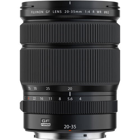 Fujifilm GF 20-35mm f/4 R WR lens, front-top view showing barrel and scale markings