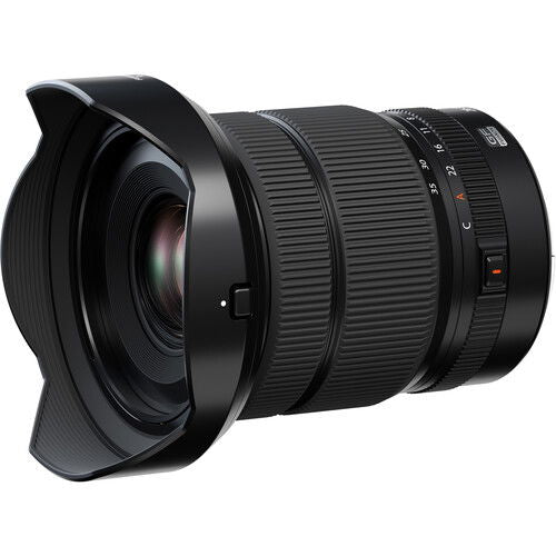 Fujifilm GF 20-35mm f/4 R WR lens, angled front view with lens hood and front glass