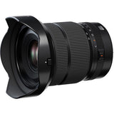 Fujifilm GF 20-35mm f/4 R WR lens, angled front view with lens hood and front glass