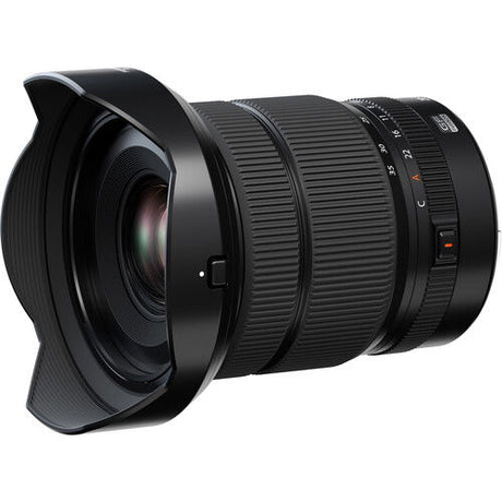 Fujifilm GF 20-35mm f/4 R WR lens, angled front view with lens hood and front glass