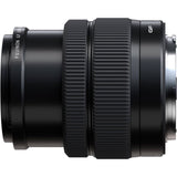 Angled side view of black GF 35-70mm f/4.5-5.6 WR lens barrel and focus rings
