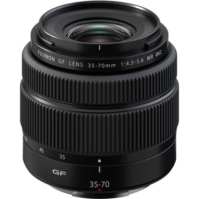 Black GF 35-70mm f/4.5-5.6 WR camera lens, front view