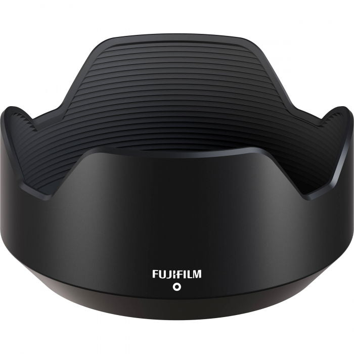 Back side of black lens with built-in hood and Fujifilm logo