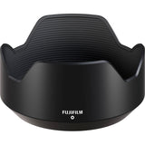 Back side of black lens with built-in hood and Fujifilm logo