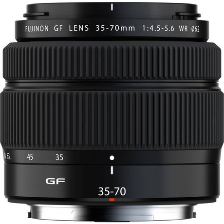 Black GF 35-70mm f/4.5-5.6 WR lens, top front markings and ridged rings