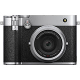 Front view of silver mirrorless camera with large lens and black grip texture