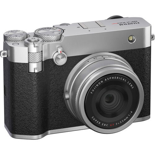 Aparat foto compact Fujifilm GFX100RF argintiu cu obiectiv și cadran rotund