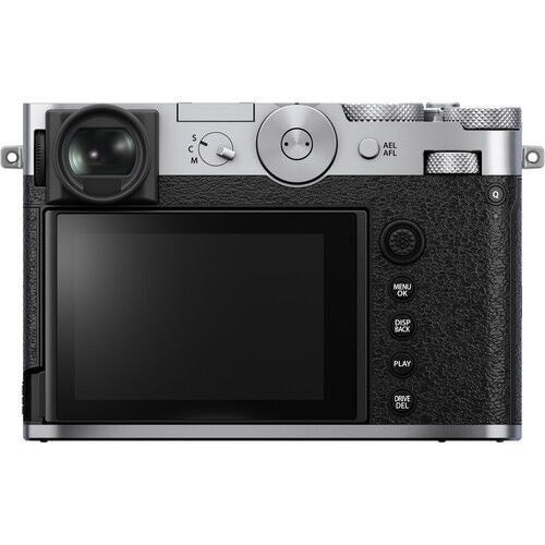 Back view of silver camera with black LCD screen and control buttons