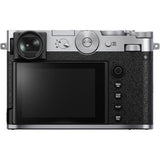 Back view of silver camera with black LCD screen and control buttons