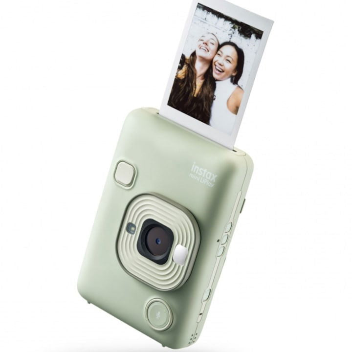 Matcha green Instax mini LiPlay instant camera with viewfinder and shutter button
