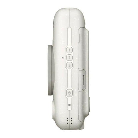 Misty white Instax mini LiPlay camera side view with buttons and port