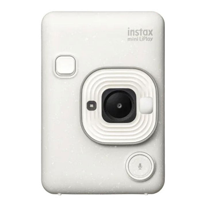 Misty white Instax mini LiPlay camera front with lens and flash