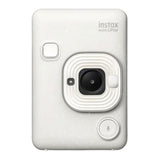 Misty white Instax mini LiPlay camera front with lens and flash