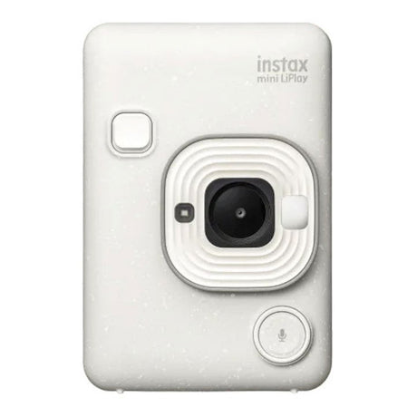 Misty white Instax mini LiPlay camera front with lens and flash