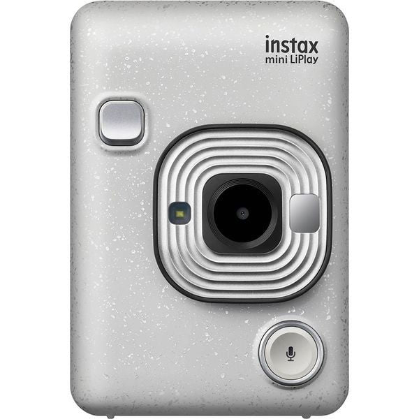 Stone white Fujifilm Instax mini LiPlay instant camera, lens and viewfinder detail
