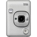 Stone white Fujifilm Instax mini LiPlay instant camera, lens and viewfinder detail
