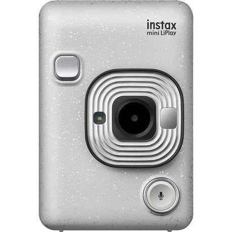 Stone white Fujifilm Instax mini LiPlay instant camera, lens and viewfinder detail