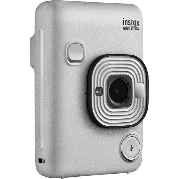 Stone white Instax mini LiPlay instant camera, side view with buttons and lens