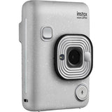 Stone white Instax mini LiPlay instant camera, side view with buttons and lens
