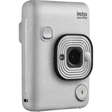 Stone white Instax mini LiPlay instant camera, side view with buttons and lens