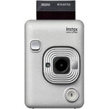 Stone white Instax mini LiPlay instant camera front, lens and microphone button