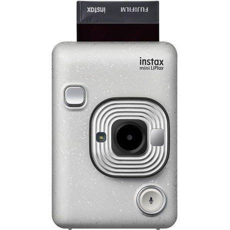 Stone white Instax mini LiPlay instant camera front, lens and microphone button
