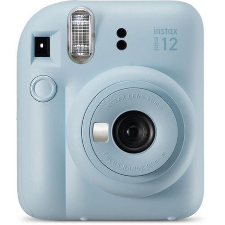 Aparat foto instant instax Mini 12 albastru, față cu bliț și obiectiv