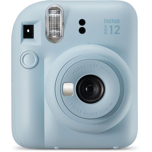 Aparat foto instant instax Mini 12 albastru, față cu bliț și obiectiv