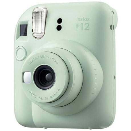 Mint green Instax Mini 12 instant camera, lens and display with buttons