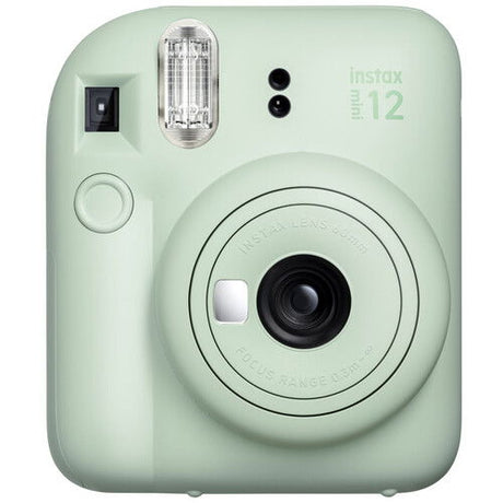 Mint green Instax Mini 12 instant camera, lens and flash on front
