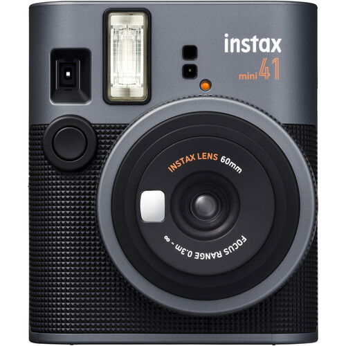 Mini 41 black instant camera front view, large lens and flash window