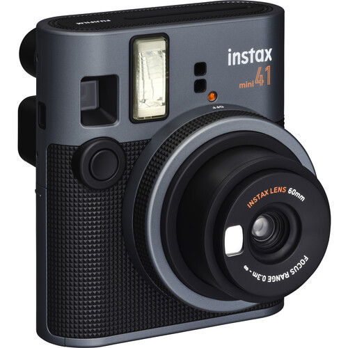 Mini 41 black instant camera with hinged lens and grip button