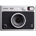 Aparat foto instant Fujifilm Instax Mini Evo, față neagră texturată, obiectiv și bliț