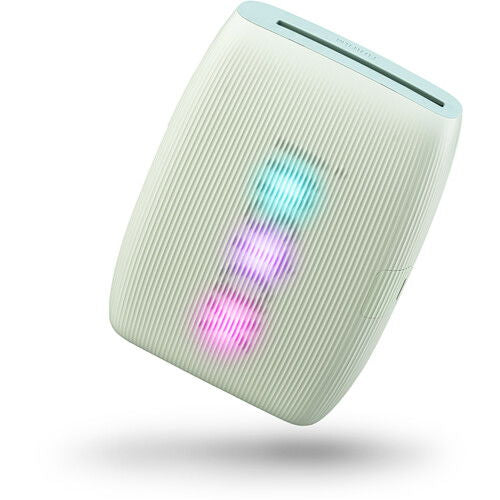 Green instant photo printer top edge with control buttons and light
