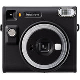 Black Instax SQ40 front view with lens, flash window, and control button