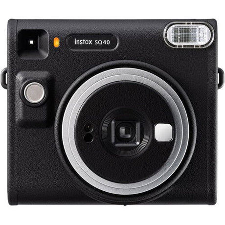 Black Instax SQ40 front view with lens, flash window, and control button