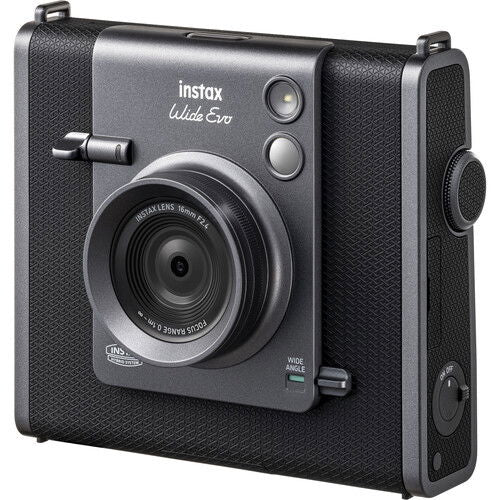 Instax Wide Evo camera angled view, black textured finish, lens and control buttons