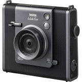 Instax Wide Evo camera angled view, black textured finish, lens and control buttons