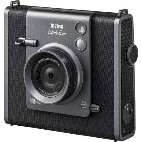 Instax Wide Evo camera angled view, black textured finish, lens and control buttons