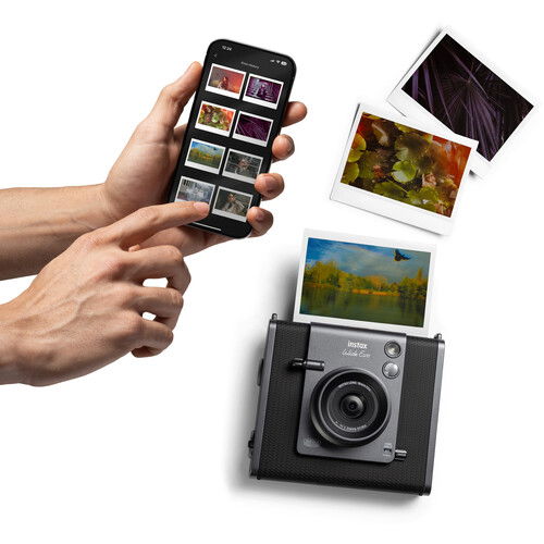 Instax Wide Evo instant camera with smartphone showing photos and printed picture sheets